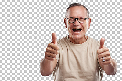 Buy stock photo Senior man, portrait and thumbs up for win or success isolated on a transparent PNG background. Happy, excited elderly or male person smile with thumb emoji, yes sign or like for winning celebration