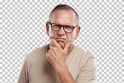 Buy stock photo Upset, thinking and portrait of senior man with an idea, angry memory or confused facial expression. Doubt, moody and mature male person with disappointed face isolated by transparent png background.