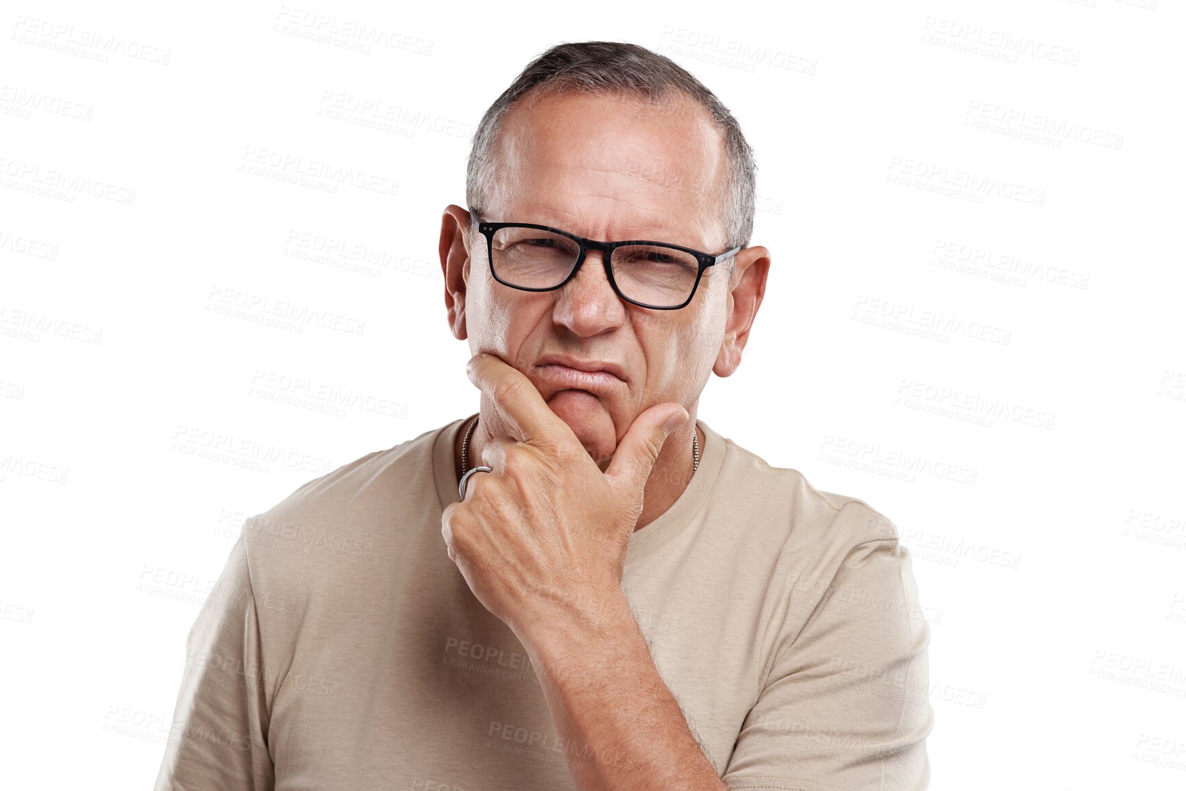 Buy stock photo Upset, thinking and portrait of senior man with an idea, angry memory or confused facial expression. Doubt, moody and mature male person with disappointed face isolated by transparent png background.