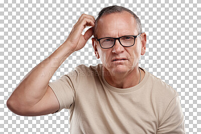 Buy stock photo Confused, scratch head and portrait of man with doubt on isolated, png and transparent background. Thinking, ideas and face of male person with unsure, uncertain and wondering expression for question