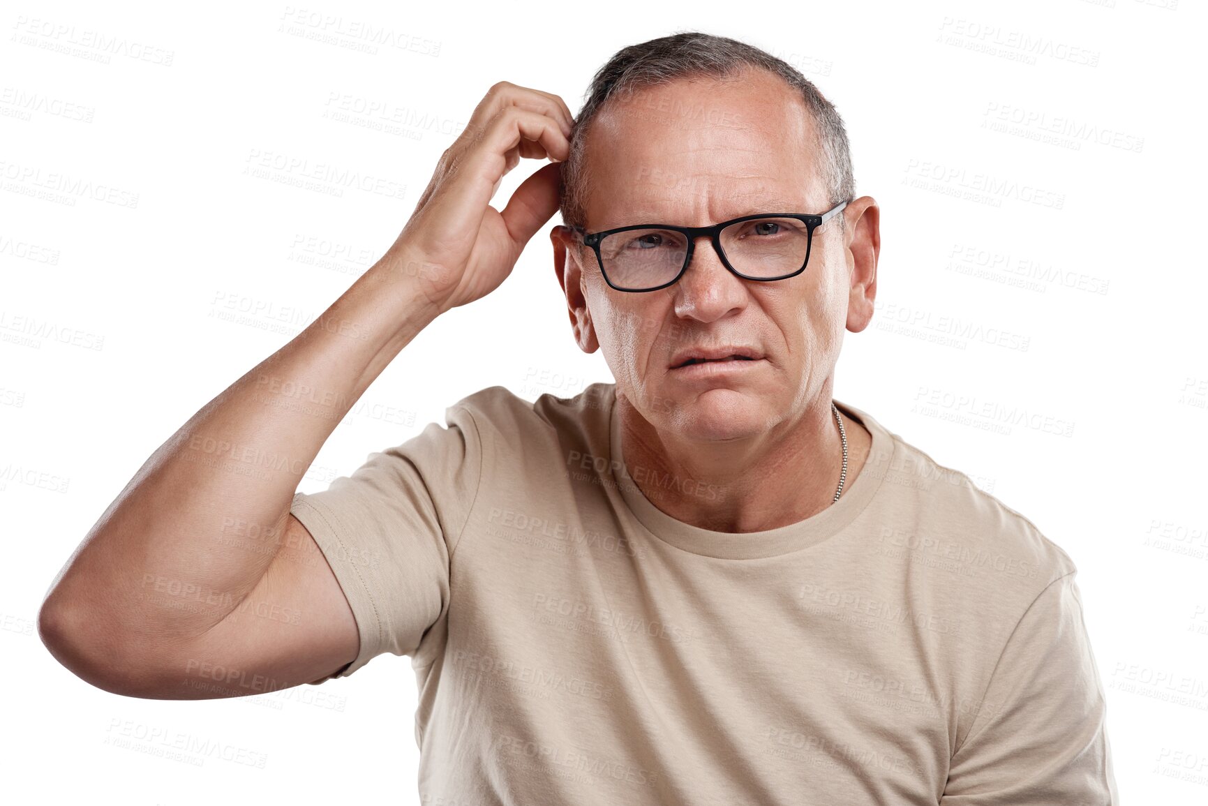 Buy stock photo Confused, scratch head and portrait of man with doubt on isolated, png and transparent background. Thinking, ideas and face of male person with unsure, uncertain and wondering expression for question