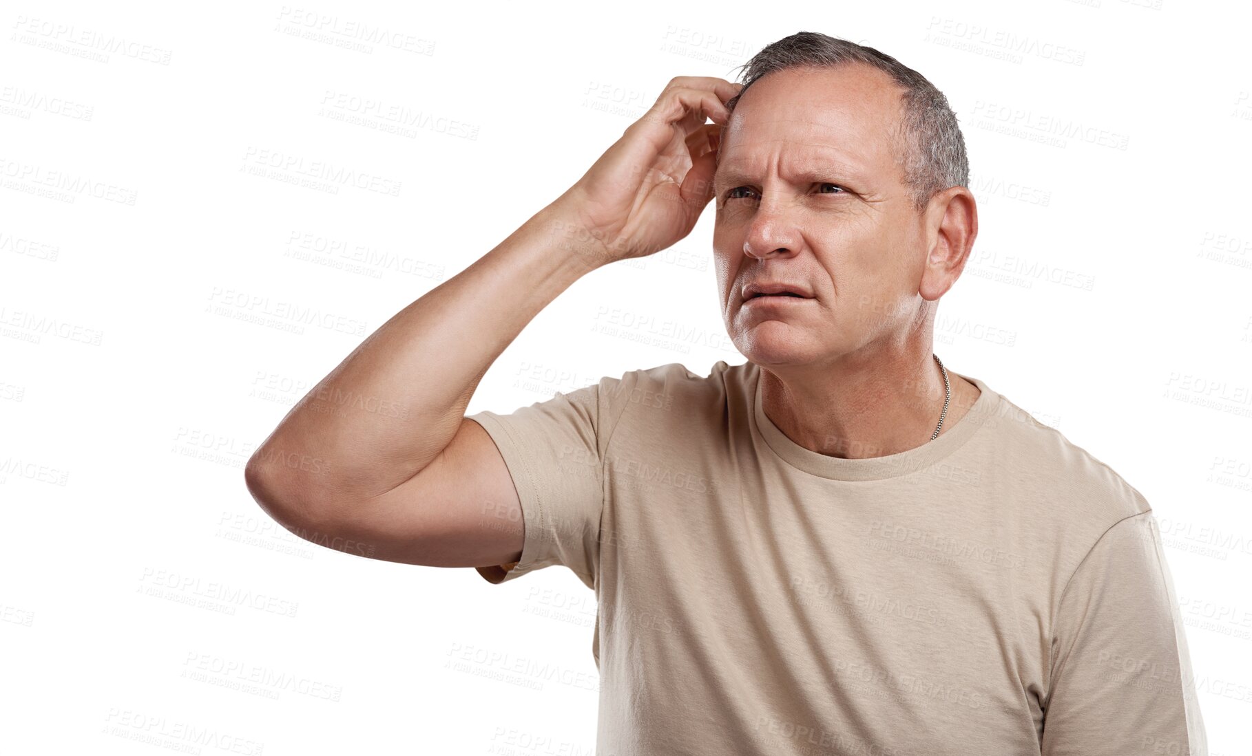 Buy stock photo Confused, scratch head and man with doubt on isolated, png and transparent background for idea. Thinking, why and face of male person wondering expression for question, memory and problem solving