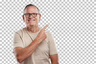 Buy stock photo Marketing, pointing and portrait of mature man presenting or showing a promotion for advertising. Happy, smile and senior male model with direction hand gesture isolated by transparent png background