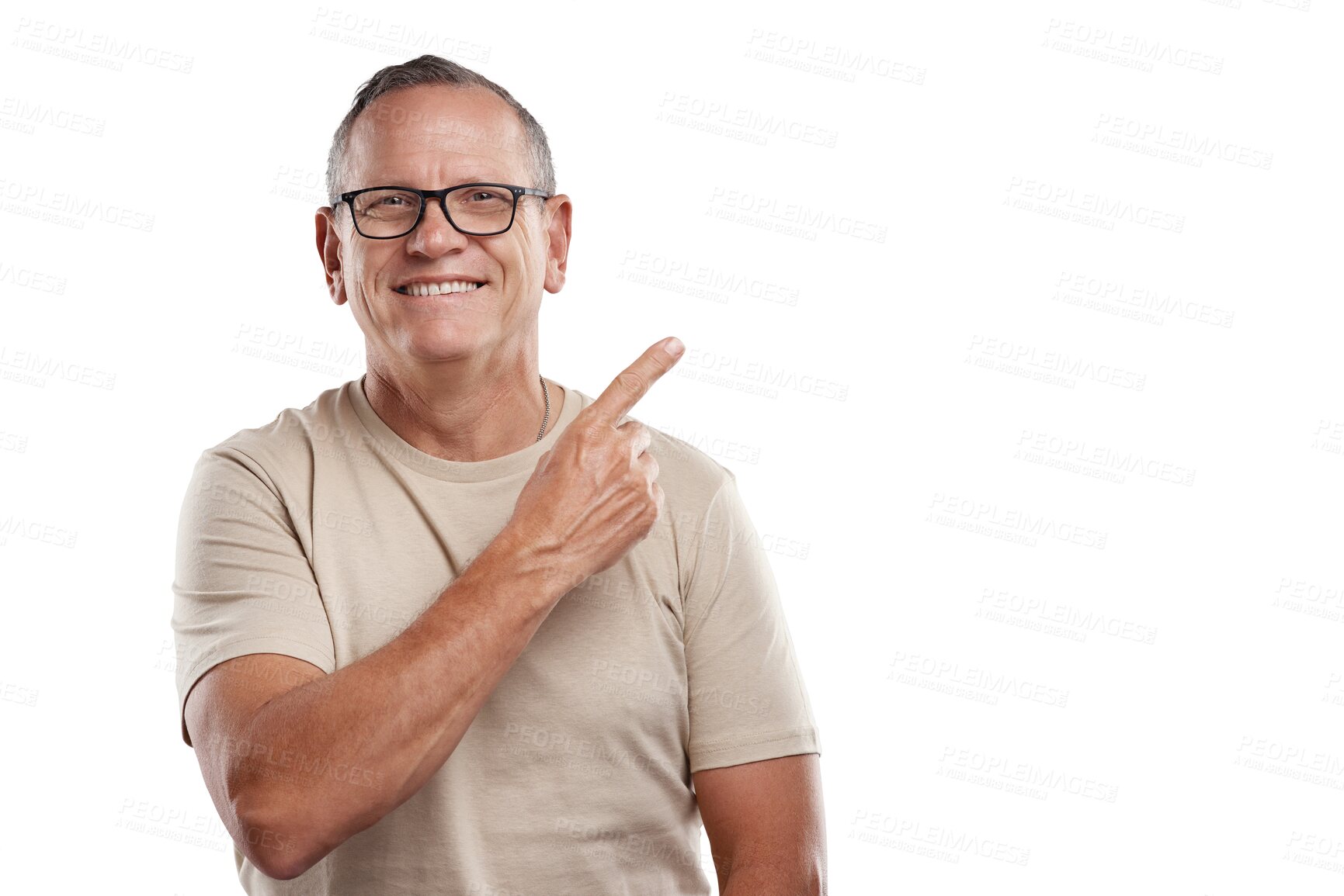 Buy stock photo Marketing, pointing and portrait of mature man presenting or showing a promotion for advertising. Happy, smile and senior male model with direction hand gesture isolated by transparent png background