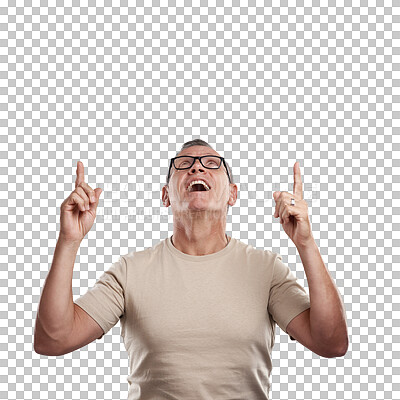 Buy stock photo Smile, offer and man with hands pointing up at announcement or info isolated on transparent png background. Discount sale news, information and promo notification, happy senior model showing deal.