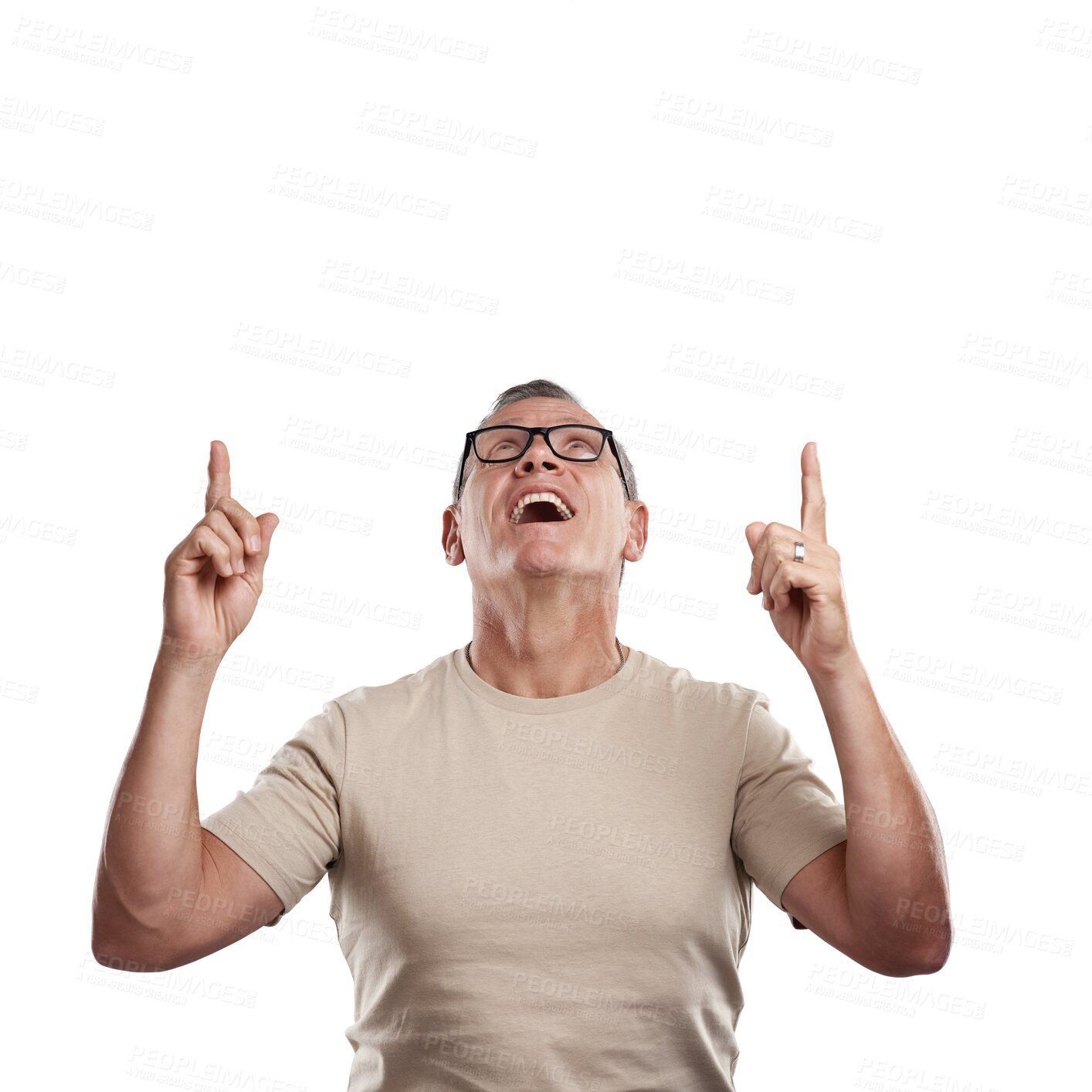 Buy stock photo Smile, offer and man with hands pointing up at announcement or info isolated on transparent png background. Discount sale news, information and promo notification, happy senior model showing deal.