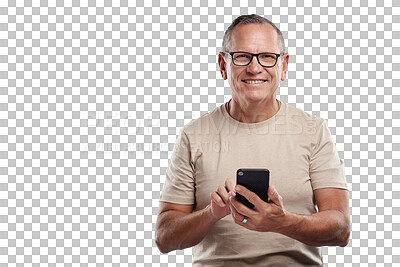 Buy stock photo Senior man, portrait and phone with smile for communication isolated on a transparent PNG background. Elderly or mature male person smiling with mobile smartphone for networking, social media or app