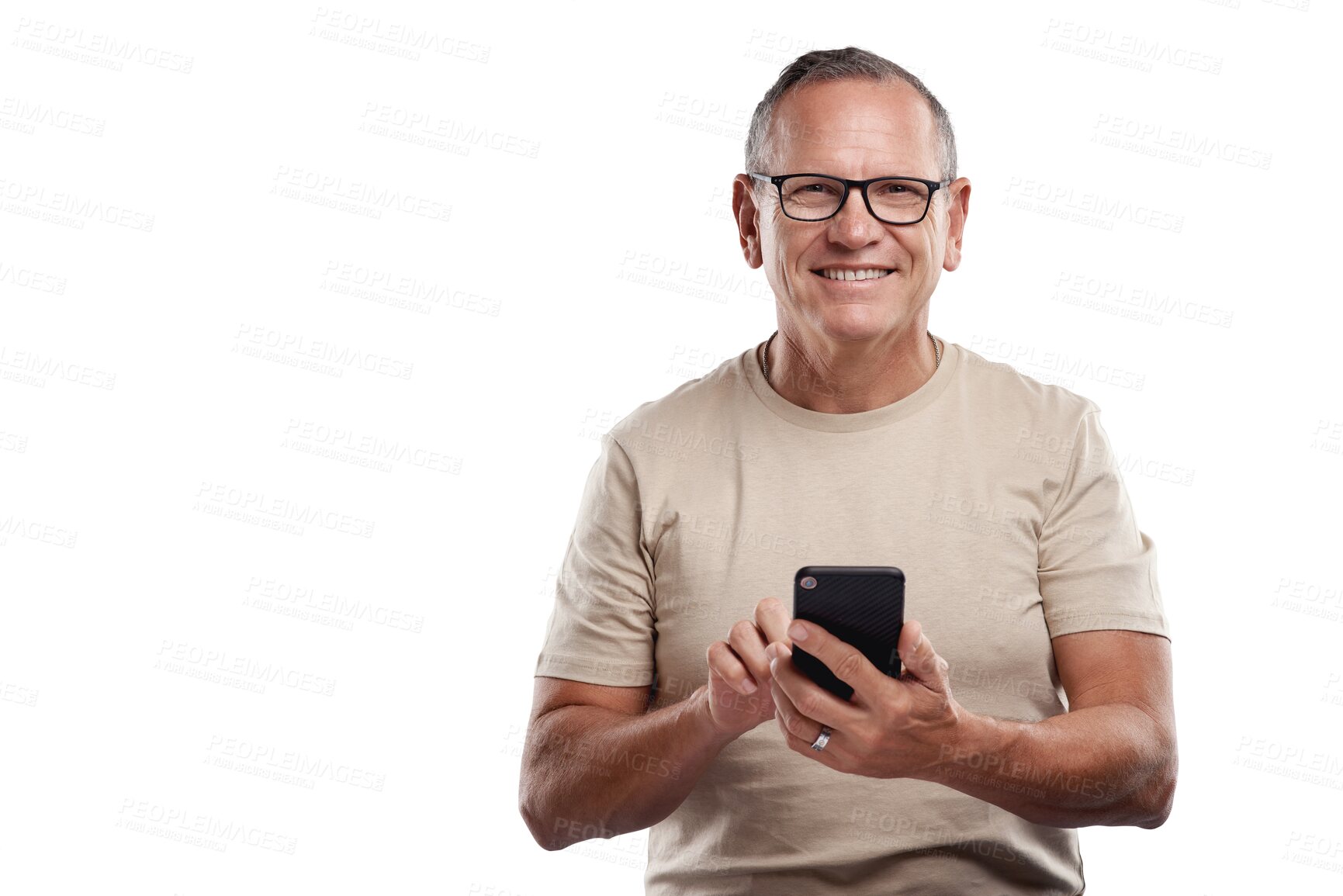 Buy stock photo Senior man, portrait and phone with smile for communication isolated on a transparent PNG background. Elderly or mature male person smiling with mobile smartphone for networking, social media or app