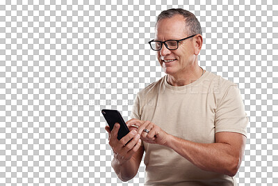 Buy stock photo Phone, networking and senior man typing a text message or reading blog, ebook or news. Technology, happy and male person browsing on social media with cellphone isolated by transparent png background