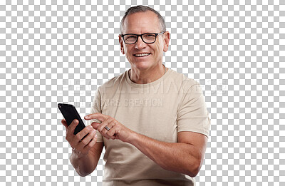 Buy stock photo Senior man, portrait and phone for communication isolated on a transparent PNG background. Happy elderly or mature male person with smile on mobile smartphone for networking, social media or app