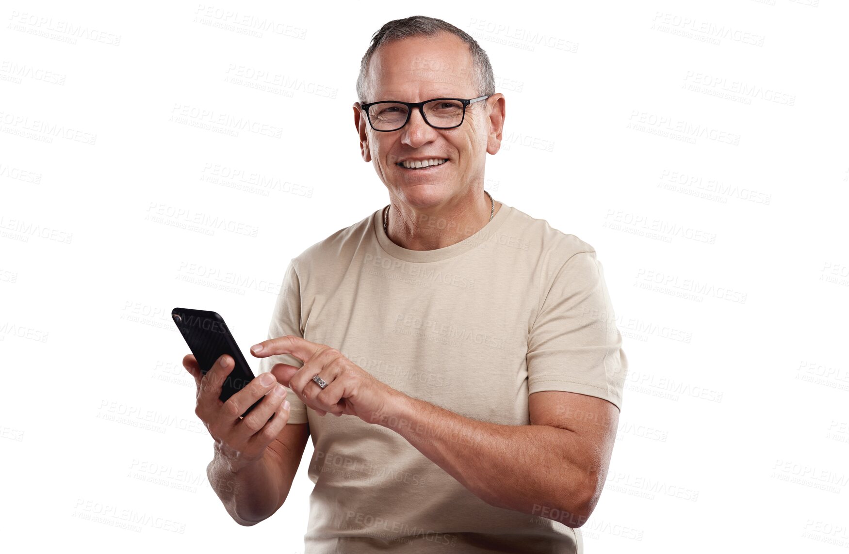 Buy stock photo Senior man, portrait and phone for communication isolated on a transparent PNG background. Happy elderly or mature male person with smile on mobile smartphone for networking, social media or app