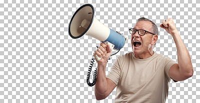 Buy stock photo Megaphone, shouting and man with excited announcement isolated on transparent png background. News, info and voice, screaming senior person, excitement for loud notification and attention to protest.