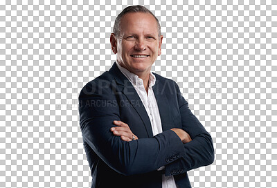 Buy stock photo Confidence, crossed arms and portrait of a man with success, leadership or management. Smile, professional and happy mature male corporate ceo, manager or boss isolated by transparent png background.