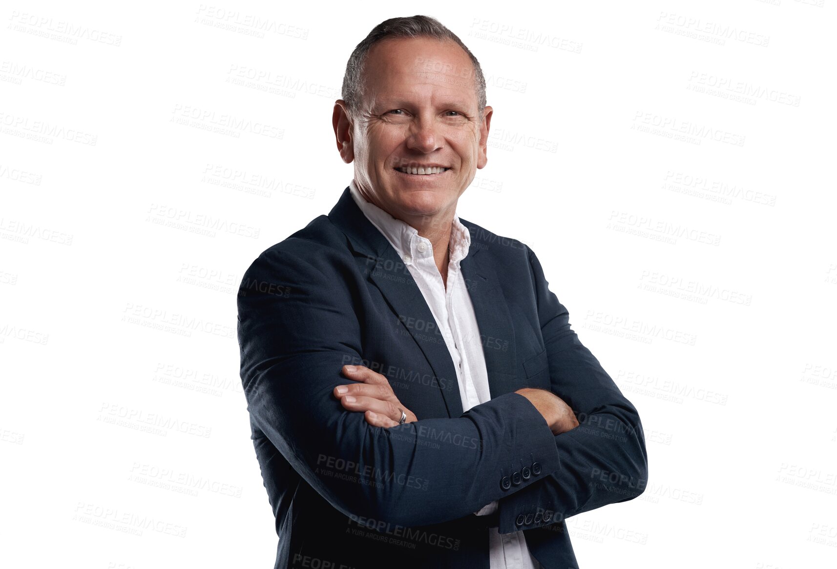 Buy stock photo Confidence, crossed arms and portrait of a man with success, leadership or management. Smile, professional and happy mature male corporate ceo, manager or boss isolated by transparent png background.