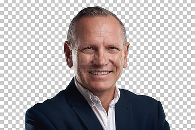 Buy stock photo Portrait of confident, happy and senior businessman isolated on transparent png background business mindset. Smile, confidence and face of mature professional man, ceo or management at startup agency