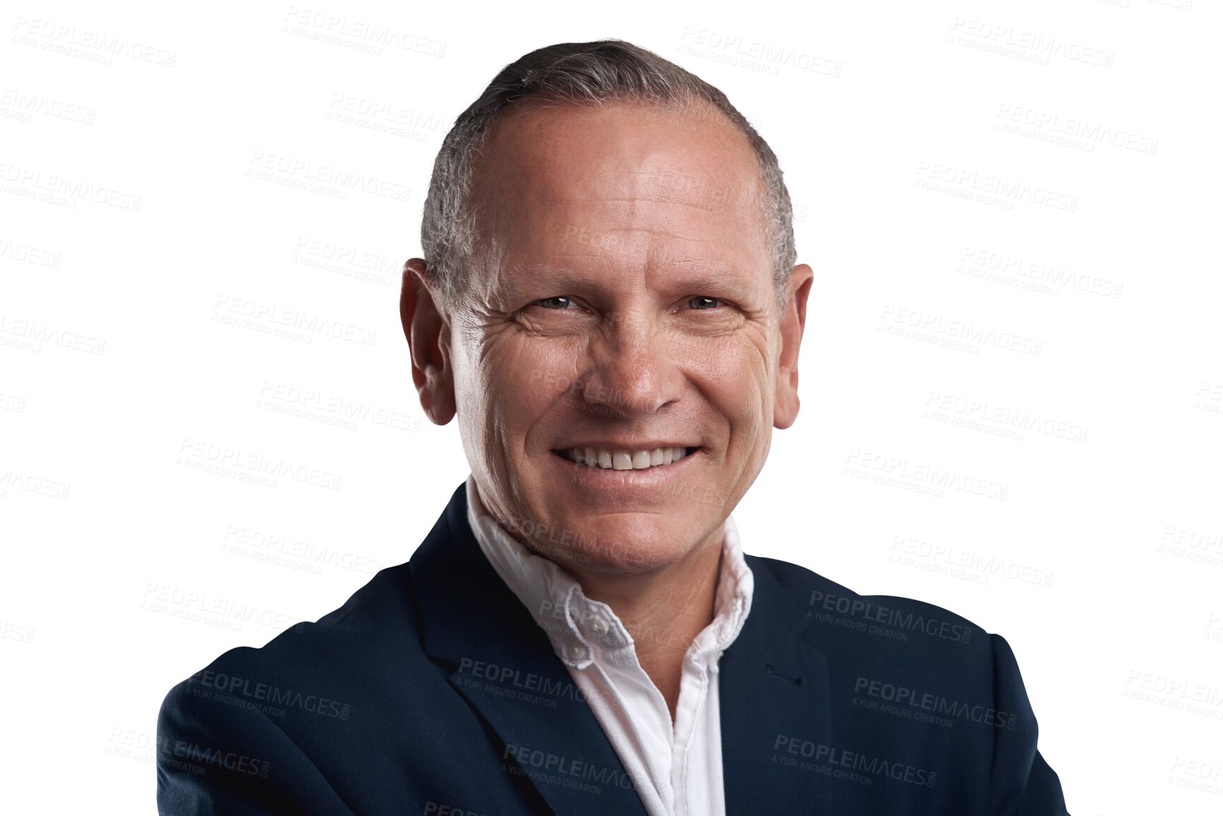 Buy stock photo Portrait of confident, happy and senior businessman isolated on transparent png background business mindset. Smile, confidence and face of mature professional man, ceo or management at startup agency