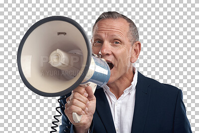 Buy stock photo Portrait, shouting and businessman with loud announcement isolated on transparent png background. News, info and voice, senior person screaming on bullhorn for, notification and attention at protest.