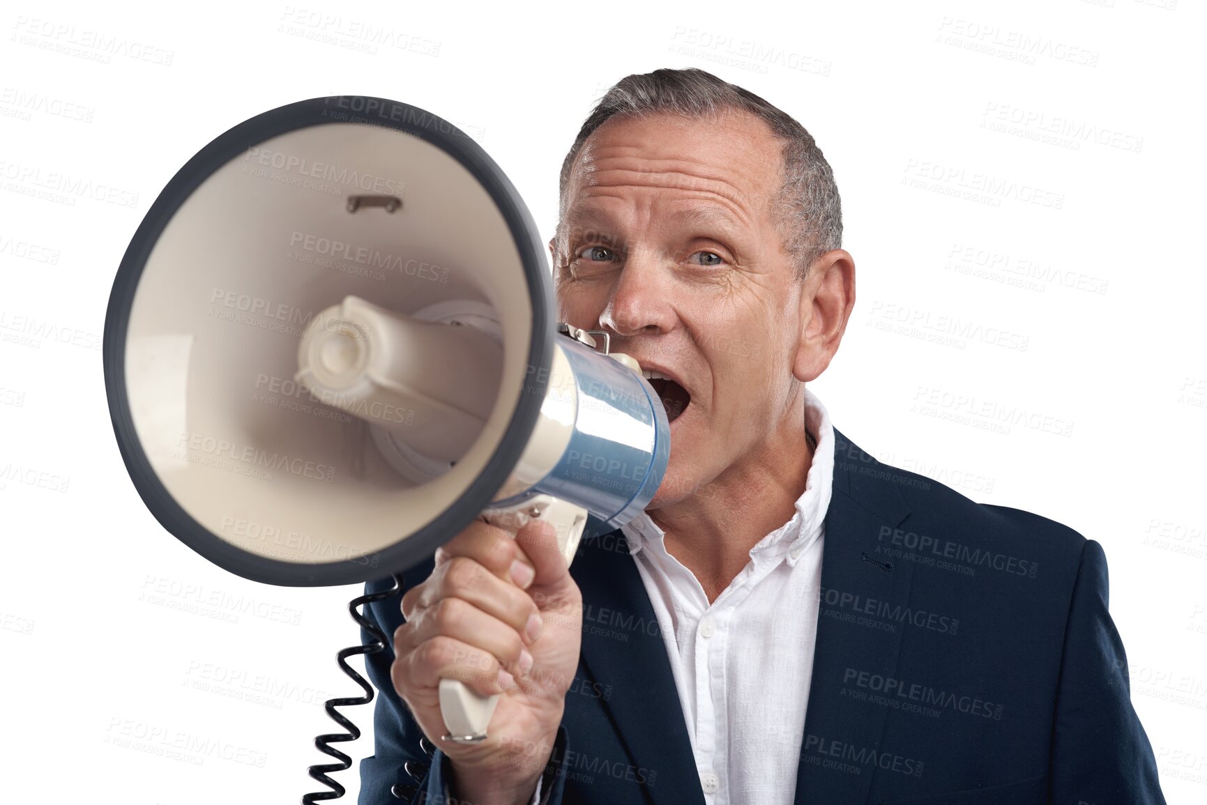 Buy stock photo Portrait, shouting and businessman with loud announcement isolated on transparent png background. News, info and voice, senior person screaming on bullhorn for, notification and attention at protest.