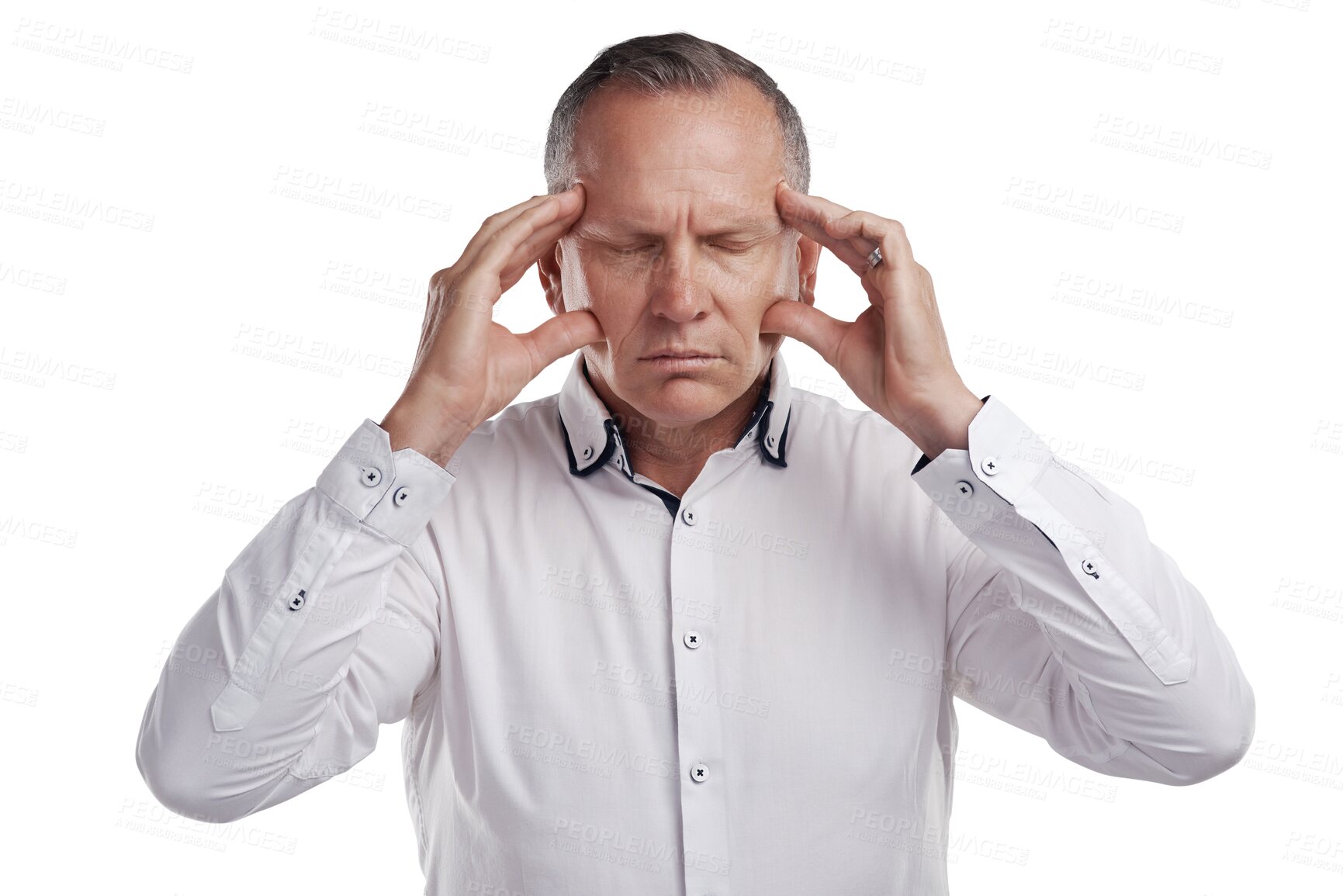 Buy stock photo Stress headache, mature businessman with pain and anxiety isolated on transparent png background. Frustrated, exhausted and tired senior man with debt, problem and mental health crisis in business.