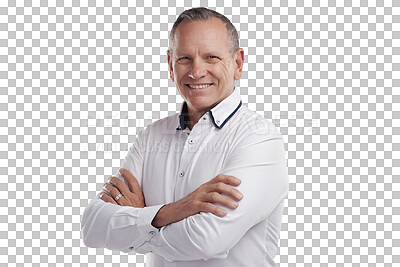 Buy stock photo Crossed arms, smile and portrait of a businessman with leadership, ambition or management. Happy, professional and mature male corporate ceo with confidence isolated by a transparent png background.