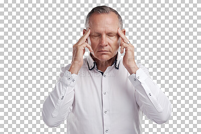 Buy stock photo Stress headache, frustrated and mature businessman with pain, anxiety and isolated on transparent png background. Fear, tired and senior man with debt, problem and mental health crisis in business.