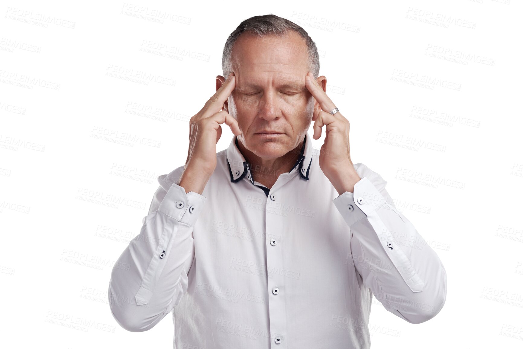 Buy stock photo Stress headache, frustrated and mature businessman with pain, anxiety and isolated on transparent png background. Fear, tired and senior man with debt, problem and mental health crisis in business.