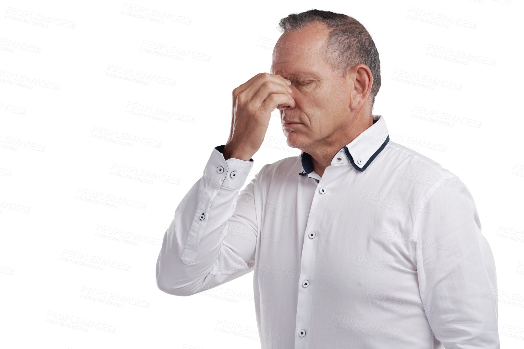 Buy stock photo Stress headache, anxiety and mature businessman with pain and fear isolated on transparent png background. Frustrated, exhausted and senior man with debt, problem and mental health crisis in business