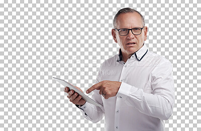 Buy stock photo Confused, pointing and portrait of man with tablet isolated on transparent png background with email, review or news. Confusion, internet and doubt, senior businessman with online report or feedback.