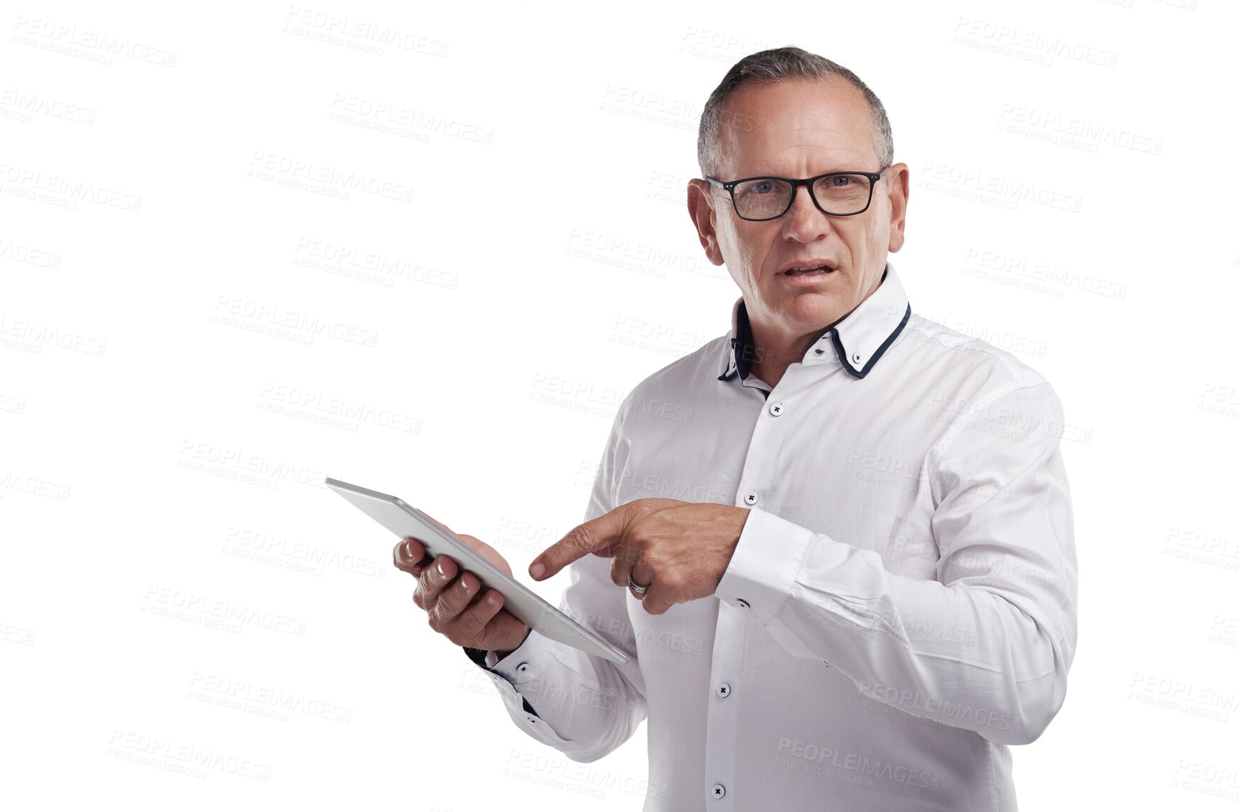 Buy stock photo Confused, pointing and portrait of man with tablet isolated on transparent png background with email, review or news. Confusion, internet and doubt, senior businessman with online report or feedback.