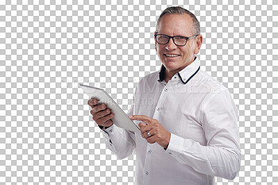 Buy stock photo Tablet, happy and portrait of a mature businessman doing research on the internet or website. Smile, professional and male person browsing on digital technology isolated by transparent png background