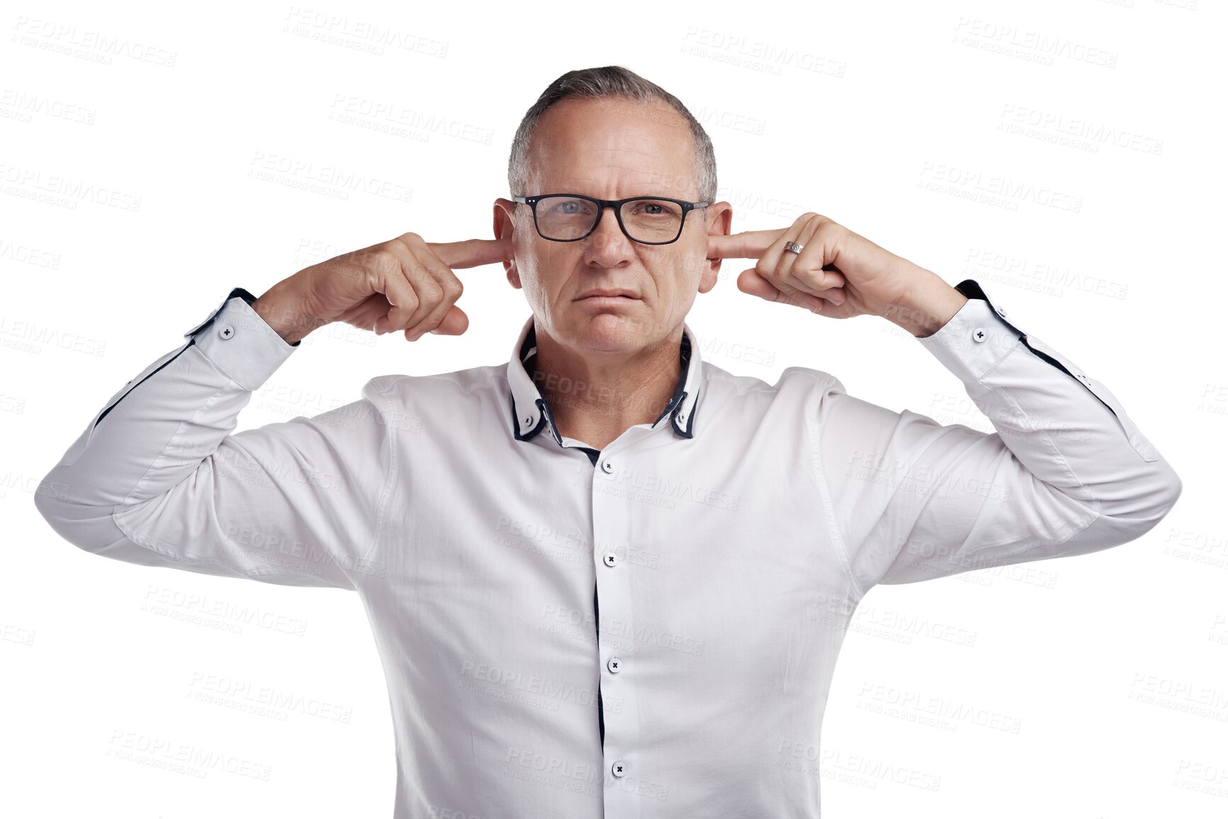 Buy stock photo Portrait, businessman and hands on ears for noise, cover and isolated on transparent png background. Frustration, anger and mature man with fingers in ear for silence, ignorance or sound protection.