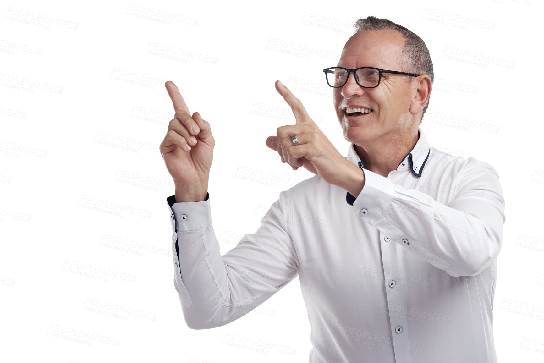 Buy stock photo Smile, offer and man with fingers pointing at announcement or info tips isolated on transparent png background. Discount sale news, information and promo notification, happy senior model showing deal