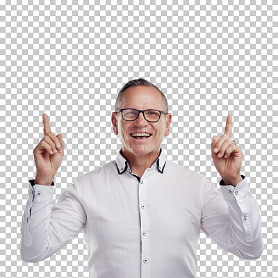 Buy stock photo Smile, offer and businessman in portrait pointing up at announcement or info isolated on transparent png background. Discount news, information and promo notification, happy senior model showing deal