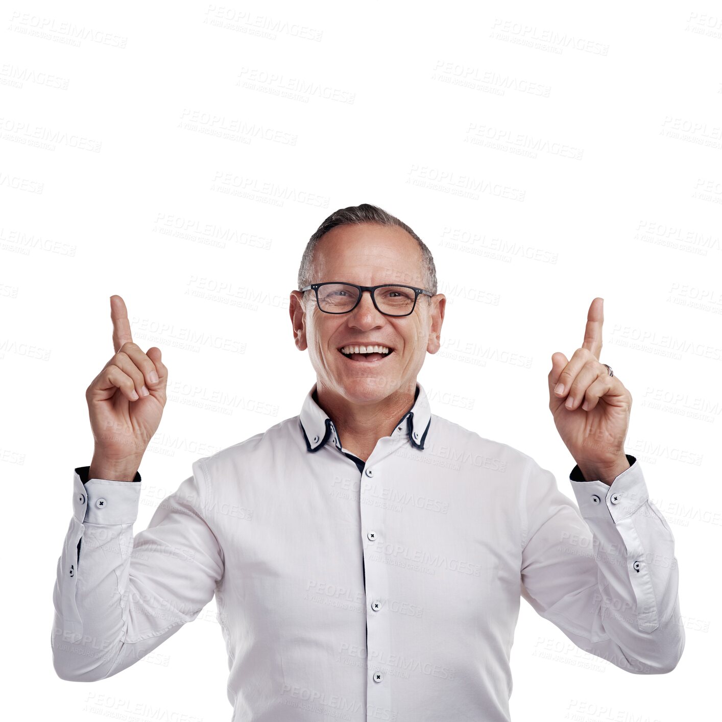 Buy stock photo Smile, offer and businessman in portrait pointing up at announcement or info isolated on transparent png background. Discount news, information and promo notification, happy senior model showing deal