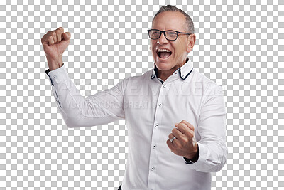 Buy stock photo Wow, portrait and fist pump by senior man in celebration of success on isolated, transparent or png background. Happy, winner and face of elderly male person celebrating retirement, good news or deal