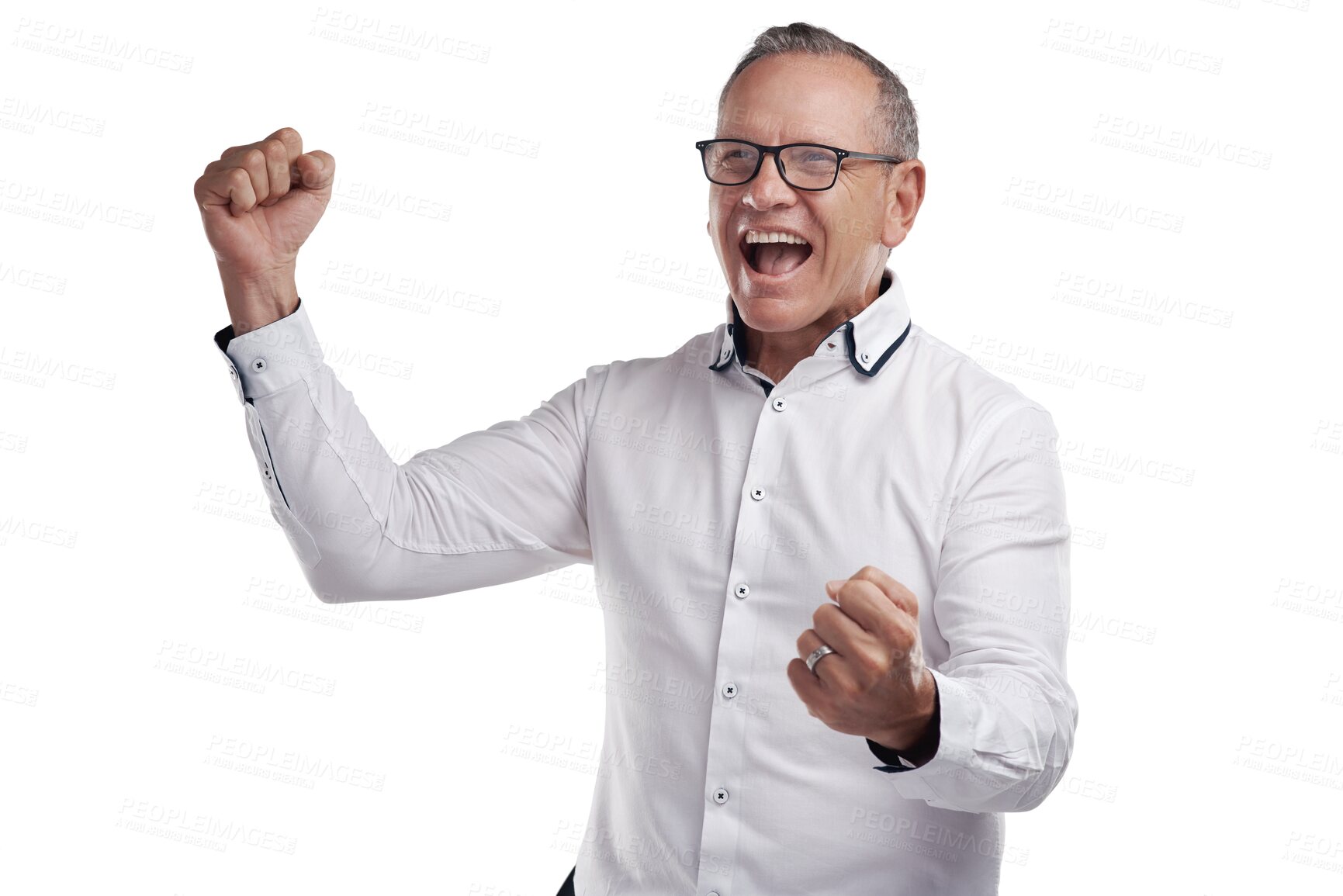 Buy stock photo Wow, portrait and fist pump by senior man in celebration of success on isolated, transparent or png background. Happy, winner and face of elderly male person celebrating retirement, good news or deal