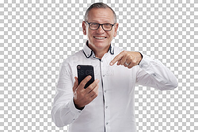 Buy stock photo Phone, pointing and portrait of a man networking on the internet, website or social media. Happy, excited and mature male person winner browsing on a cellphone isolated by transparent png background.