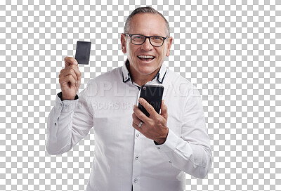 Buy stock photo Online shopping, credit card and portrait of man with phone on isolated, PNG and transparent background. Ecommerce, fintech and happy male person excited for internet purchase, payment and banking