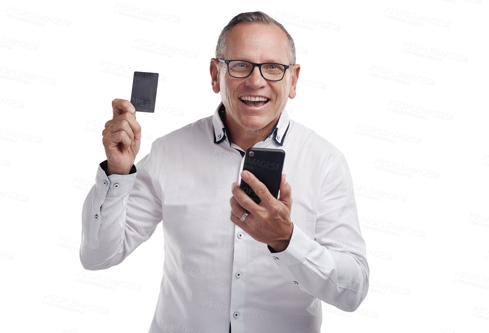 Buy stock photo Online shopping, credit card and portrait of man with phone on isolated, PNG and transparent background. Ecommerce, fintech and happy male person excited for internet purchase, payment and banking