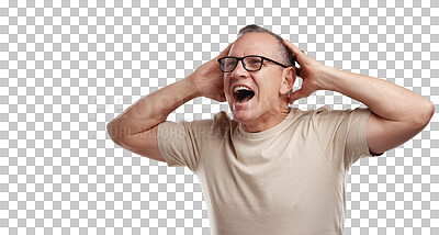 Buy stock photo Portrait of surprised man with hands on head, shock and isolated on transparent png background. Announcement, shocking news and surprise notification, senior model with excited information gesture.