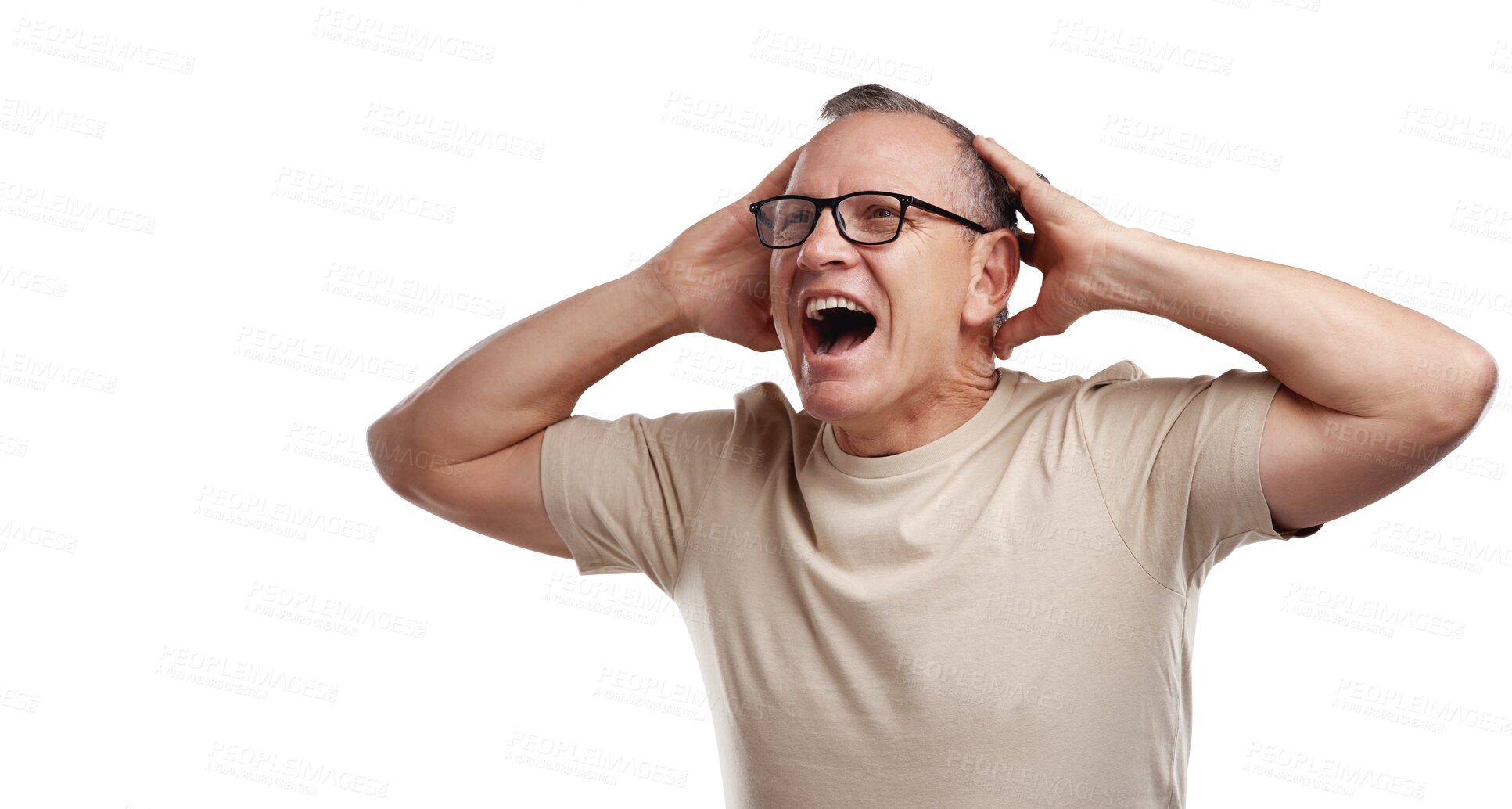 Buy stock photo Portrait of surprised man with hands on head, shock and isolated on transparent png background. Announcement, shocking news and surprise notification, senior model with excited information gesture.