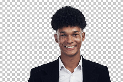 Buy stock photo Smile, portrait and young African businessman at HR agency with confidence and afro isolated on transparent png background. Happy, confident and proud black man, consultant at human resource business