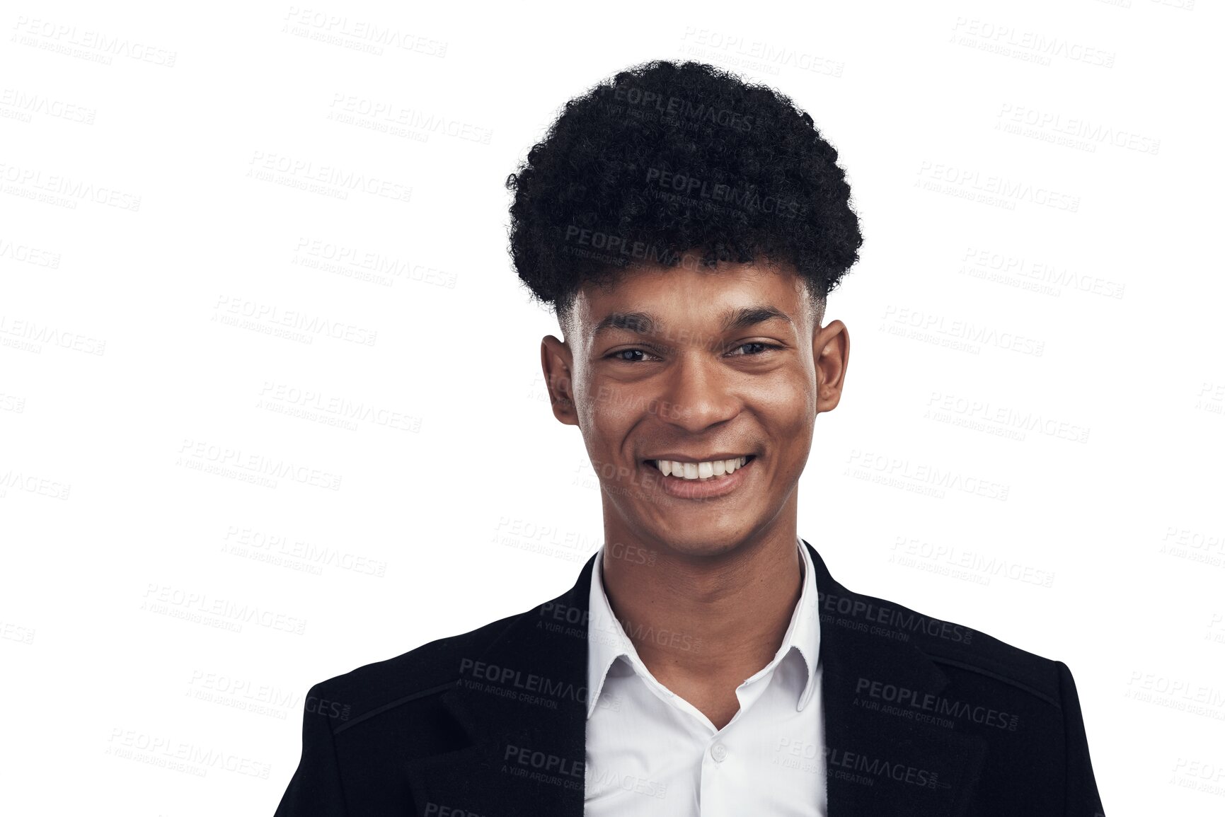 Buy stock photo Smile, portrait and young African businessman at HR agency with confidence and afro isolated on transparent png background. Happy, confident and proud black man, consultant at human resource business