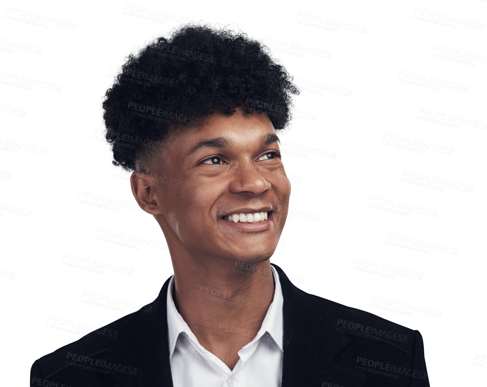 Buy stock photo Smile, confidence and young African businessman at HR agency with pride and afro isolated on transparent png background. Happy, confident and proud black man, consultant at human resource business.