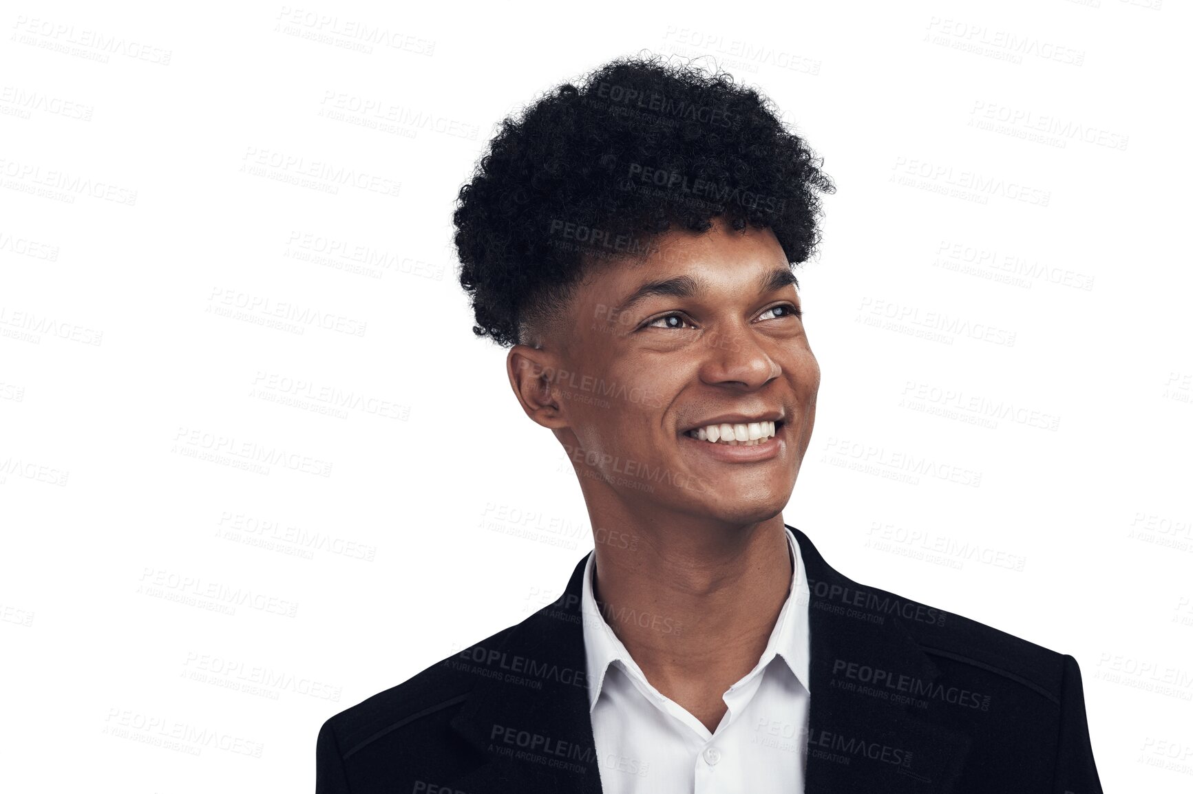 Buy stock photo Smile, business and happy young black man at HR agency with confidence and afro isolated on transparent png background. Face of confident, proud and African businessman or human resource consultant.