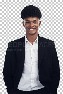 Buy stock photo Smile, portrait and business, young black man at HR agency with confidence and pride isolated on transparent png background. Happy, confident and African businessman, consultant in human resource job