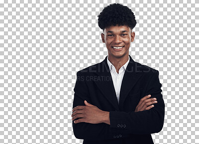 Buy stock photo Smile, portrait and confident African businessman at HR agency with pride and happiness isolated on transparent png background. Happy, proud and black man with arms crossed at human resource business