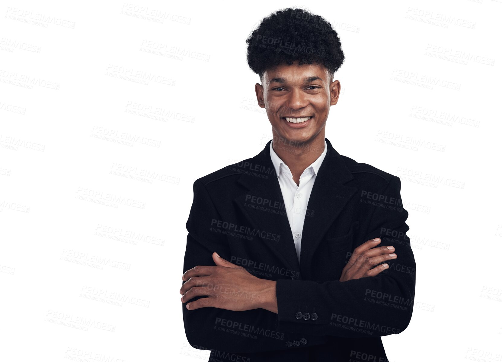 Buy stock photo Smile, portrait and confident African businessman at HR agency with pride and happiness isolated on transparent png background. Happy, proud and black man with arms crossed at human resource business