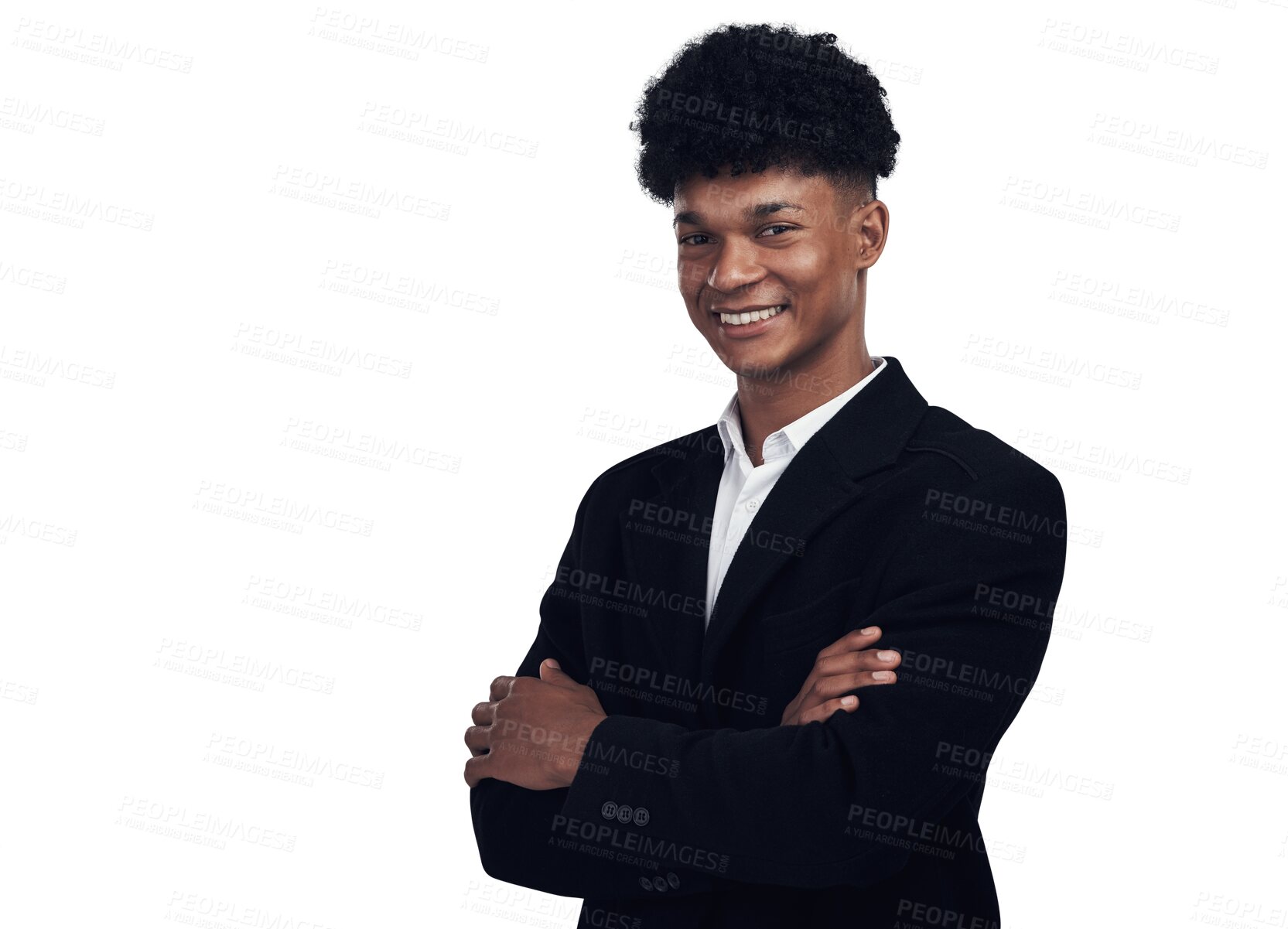 Buy stock photo Smile, confidence and African businessman with arms crossed at HR agency isolated on transparent png background. Happy, confident and proud, confident black man, consultant at human resource business