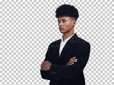 Buy stock photo Pride, confidence and African businessman with arms crossed at HR agency isolated on transparent png background. Serious, confident and proud young black man, consultant at human resource business.